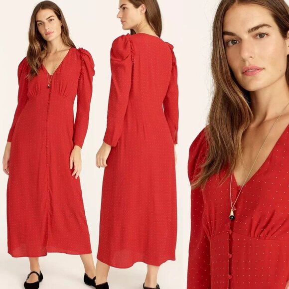 J. Crew Red White Pin Dot V-Neck Drapey Puff Sleeve Maxi Dress 35280 - Picture 1 of 16